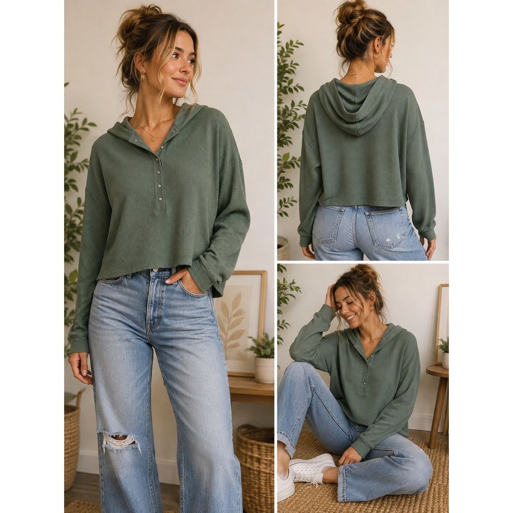 Lou & Grey Sage Green Waffle Knit Hooded Pullover Top